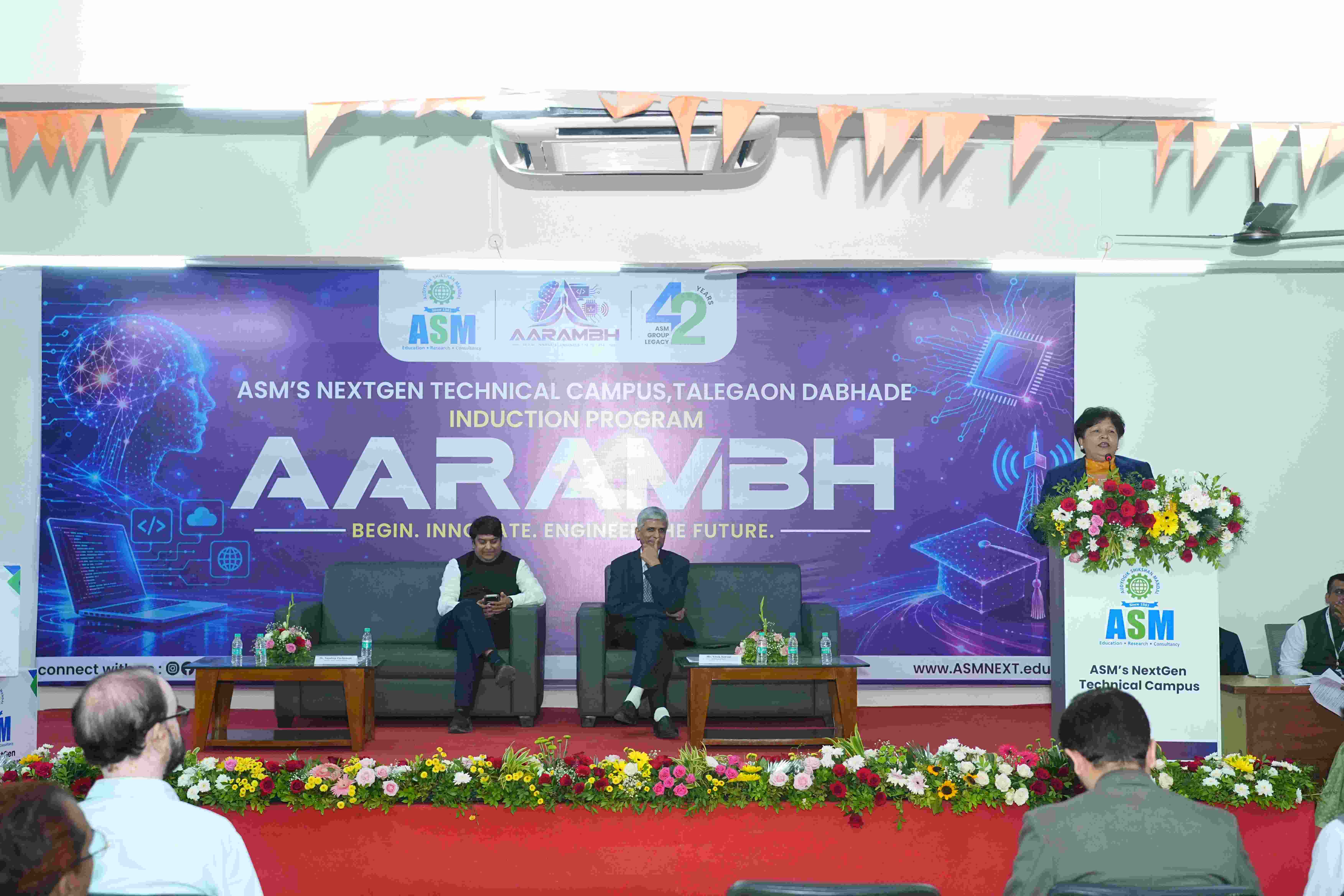ASM's NextGen Technical Campus induction program, "Aarambh," organized for first-year B.E. and MCA students.